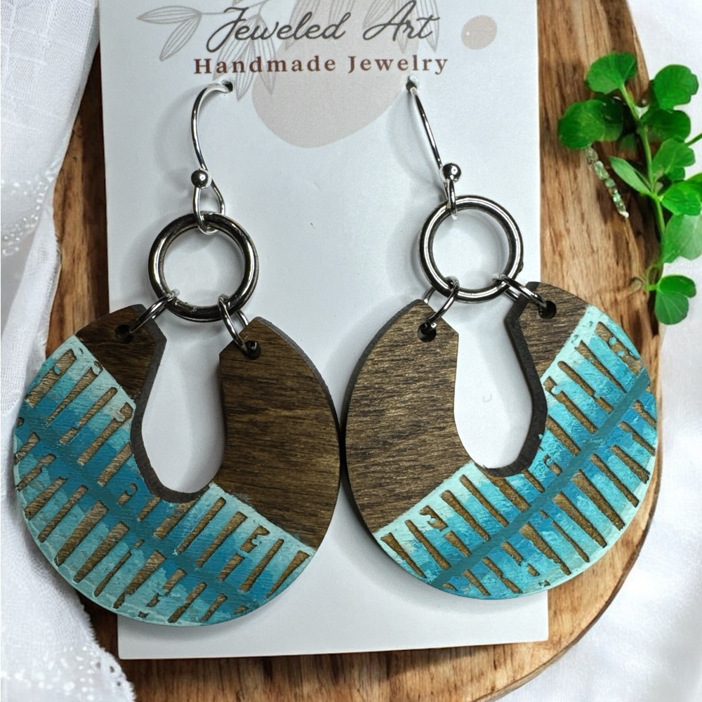Jeweled Art Hand Painted Rustic Blue Wooden Earrings
